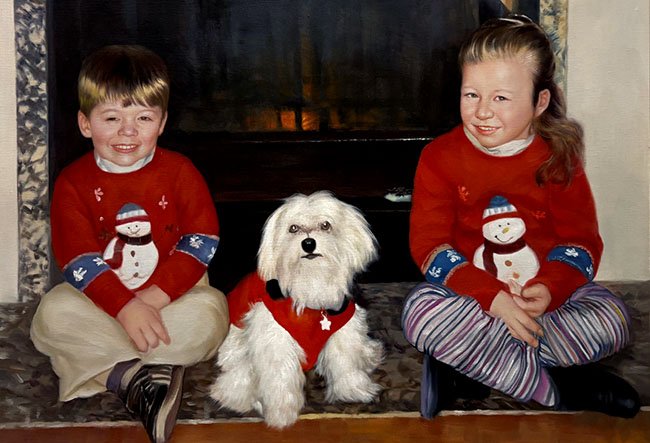 Oil portrait of 2 children in red jumpers