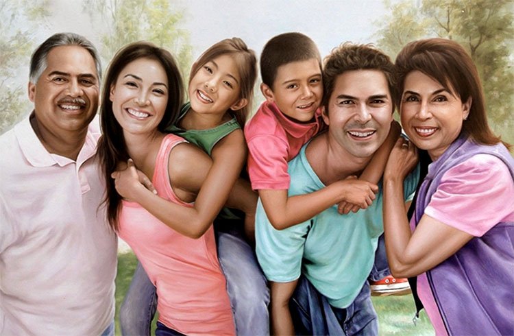 Finished oil portrait — Family of six