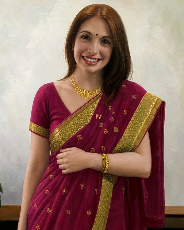 Oil portrait painting of a woman wearing a sari