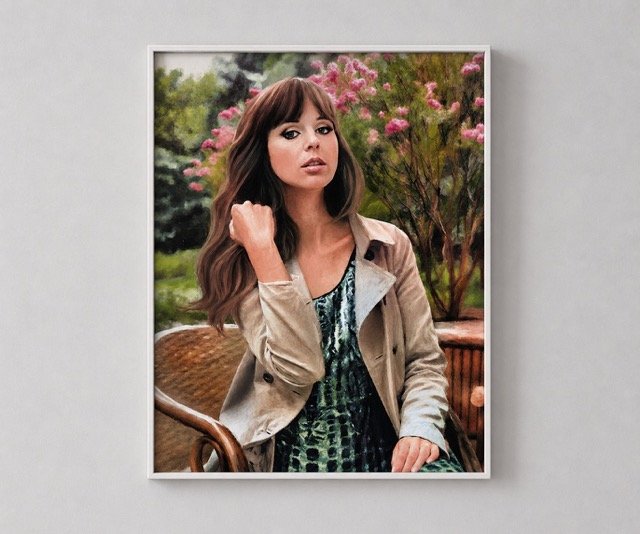 Hand-painted oil portrait shown in a white frame