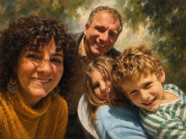 Hand-painted oil portrait of family of four