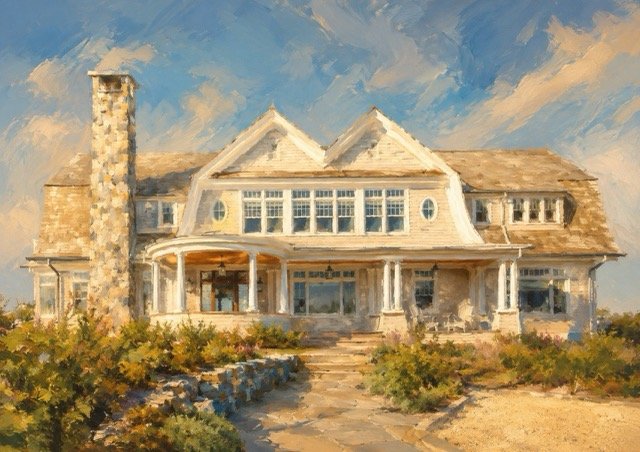 Hand-painted oil portrait with a beach house from a photograph