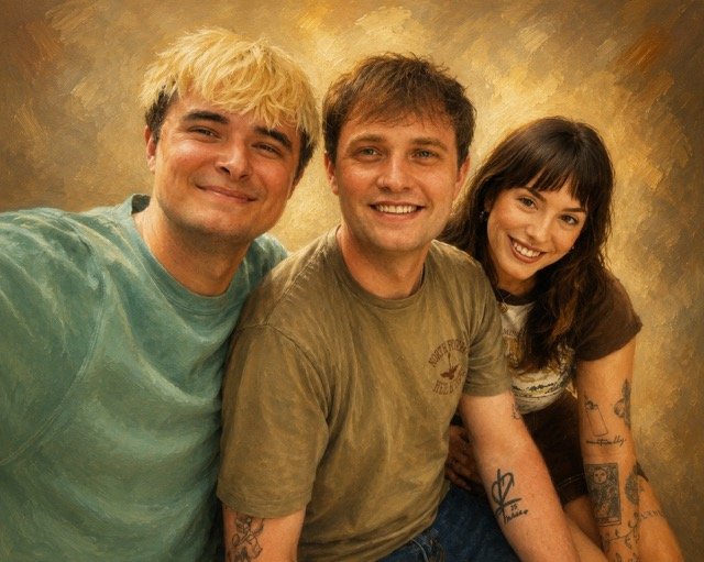 Hand-painted oil portrait of a group of friends from a photograph