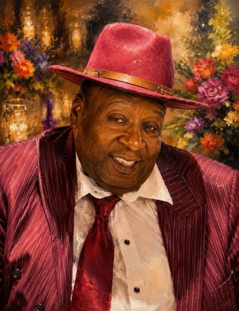 Hand-painted oil portrait of a man wearing a hat from a photograph