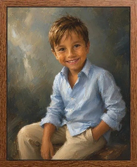 Hand-painted oil portrait shown pre-fit in a wood frame